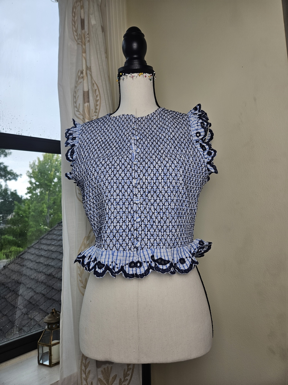 Blue and White Smocked Top with Embroidered Hem